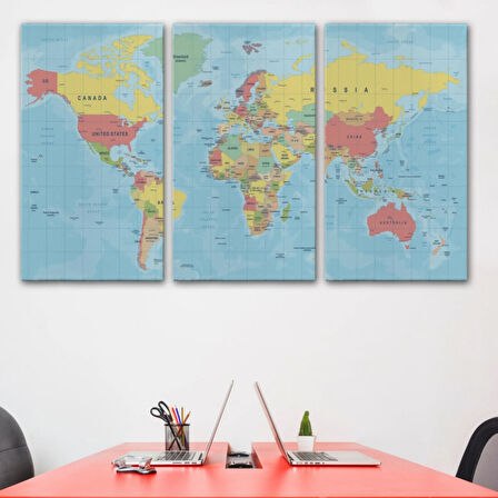 Meridyenli İngilizce Dünya Haritası Renkli Dekoratif Kanvas Tablo, Duvar Dekoru 1080