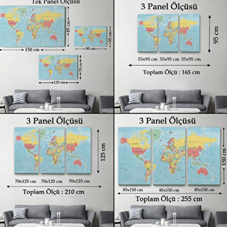Meridyenli İngilizce Dünya Haritası Renkli Dekoratif Kanvas Tablo, Duvar Dekoru 1080
