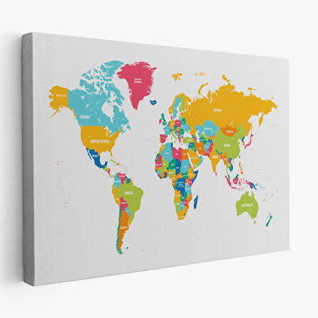 Beyaz Zemin Canlı Renkler İngilizce Dünya Haritası Dekoratif Kanvas Tablo, Duvar Dekoru 1082