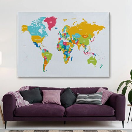 Beyaz Zemin Canlı Renkler İngilizce Dünya Haritası Dekoratif Kanvas Tablo, Duvar Dekoru 1082