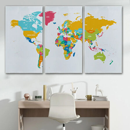 Beyaz Zemin Canlı Renkler İngilizce Dünya Haritası Dekoratif Kanvas Tablo, Duvar Dekoru 1082