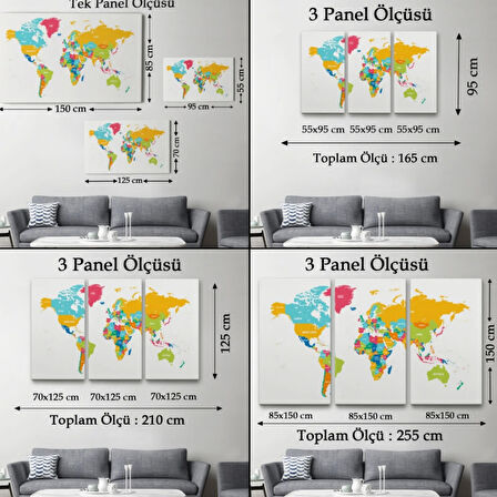 Beyaz Zemin Canlı Renkler İngilizce Dünya Haritası Dekoratif Kanvas Tablo, Duvar Dekoru 1082