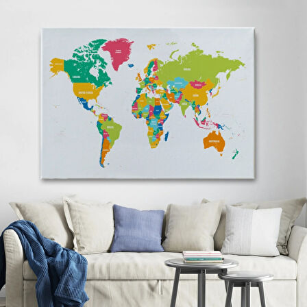 Beyaz Zemin Canlı Renkler İngilizce Dünya Haritası Dekoratif Kanvas Tablo, Duvar Dekoru 1083