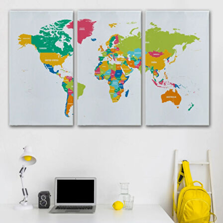 Beyaz Zemin Canlı Renkler İngilizce Dünya Haritası Dekoratif Kanvas Tablo, Duvar Dekoru 1083