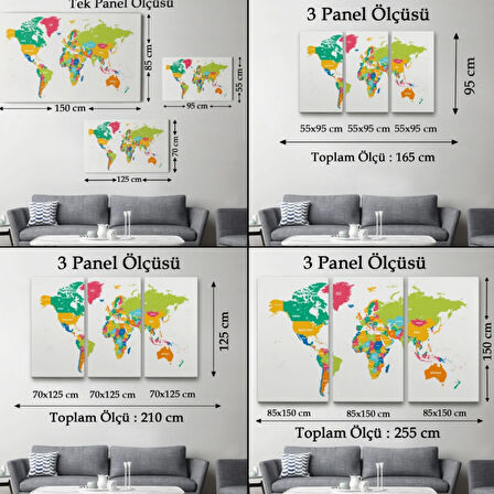 Beyaz Zemin Canlı Renkler İngilizce Dünya Haritası Dekoratif Kanvas Tablo, Duvar Dekoru 1083