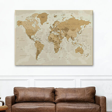 Kahverengi Ton İngilizce Dünya Haritası Dekoratif Kanvas Tablo, Duvar Dekoru 1086