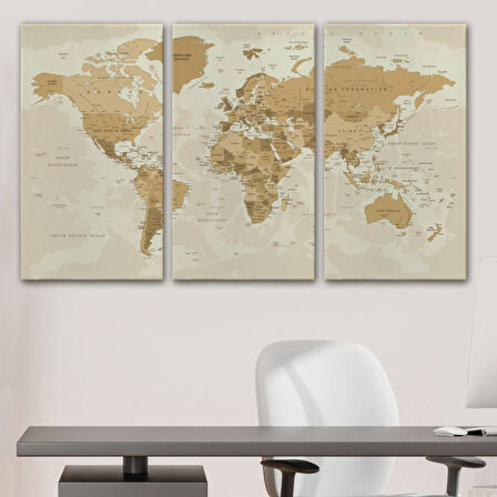 Kahverengi Ton İngilizce Dünya Haritası Dekoratif Kanvas Tablo, Duvar Dekoru 1086