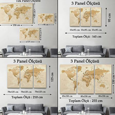 Kahverengi Ton İngilizce Dünya Haritası Dekoratif Kanvas Tablo, Duvar Dekoru 1086
