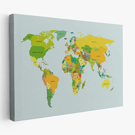 Sarı ve Yeşil Tonlar İngilizce Dünya Haritası Dekoratif Kanvas Tablo, Duvar Dekoru 1089