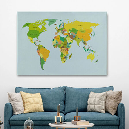 Sarı ve Yeşil Tonlar İngilizce Dünya Haritası Dekoratif Kanvas Tablo, Duvar Dekoru 1089