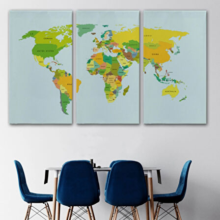 Sarı ve Yeşil Tonlar İngilizce Dünya Haritası Dekoratif Kanvas Tablo, Duvar Dekoru 1089