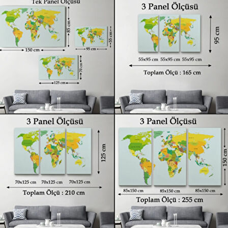 Sarı ve Yeşil Tonlar İngilizce Dünya Haritası Dekoratif Kanvas Tablo, Duvar Dekoru 1089
