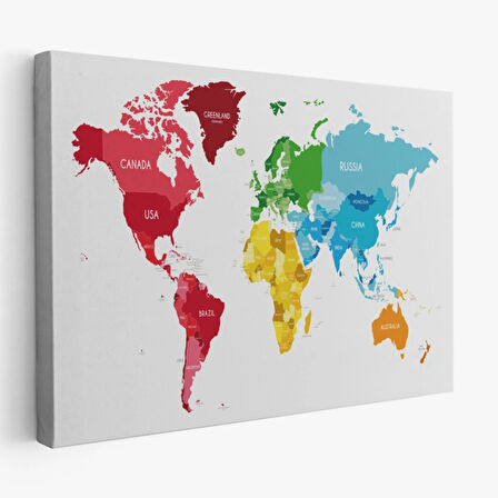 Kıtalara Göre Renkli İngilizce Dünya Haritası Dekoratif Kanvas Tablo, Duvar Dekoru 1090