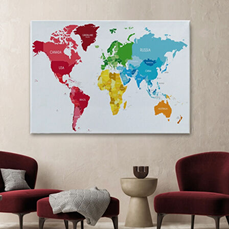 Kıtalara Göre Renkli İngilizce Dünya Haritası Dekoratif Kanvas Tablo, Duvar Dekoru 1090