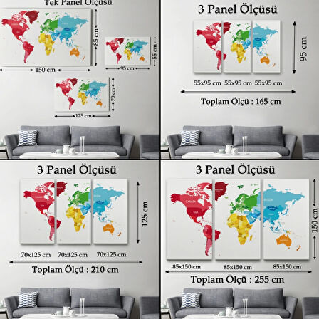 Kıtalara Göre Renkli İngilizce Dünya Haritası Dekoratif Kanvas Tablo, Duvar Dekoru 1090
