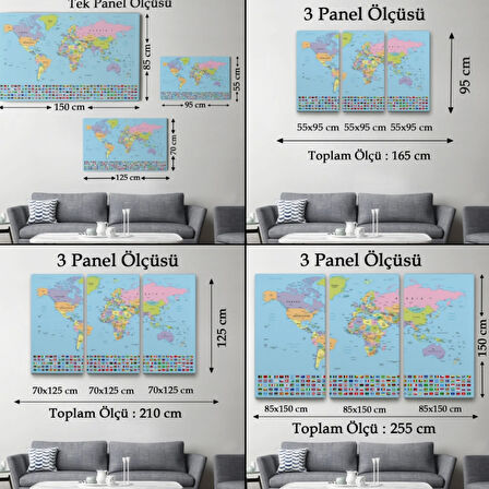 Mavi Zemin Bayraklı İngilizce Dünya Haritası Dekoratif Kanvas Tablo, Duvar Dekoru 1094