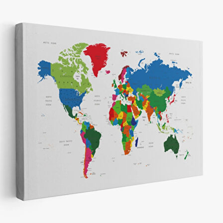 Beyaz Zemin Canlı Renkler İngilizce Dünya Haritası Dekoratif Kanvas Tablo, Duvar Dekoru 1097