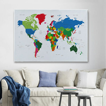 Beyaz Zemin Canlı Renkler İngilizce Dünya Haritası Dekoratif Kanvas Tablo, Duvar Dekoru 1097