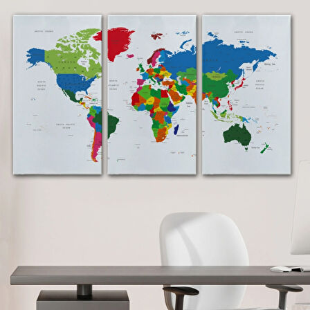 Beyaz Zemin Canlı Renkler İngilizce Dünya Haritası Dekoratif Kanvas Tablo, Duvar Dekoru 1097