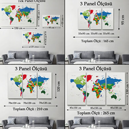 Beyaz Zemin Canlı Renkler İngilizce Dünya Haritası Dekoratif Kanvas Tablo, Duvar Dekoru 1097