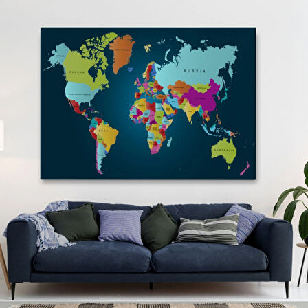 Koyu Mavi Zemin İngilizce Dünya Haritası Dekoratif Kanvas Tablo, Duvar Dekoru 1098