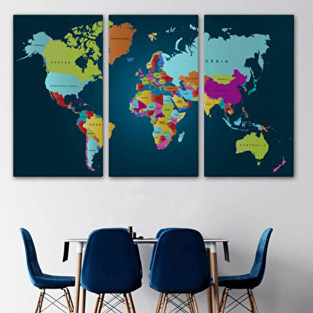 Koyu Mavi Zemin İngilizce Dünya Haritası Dekoratif Kanvas Tablo, Duvar Dekoru 1098