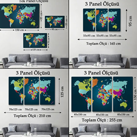 Koyu Mavi Zemin İngilizce Dünya Haritası Dekoratif Kanvas Tablo, Duvar Dekoru 1098