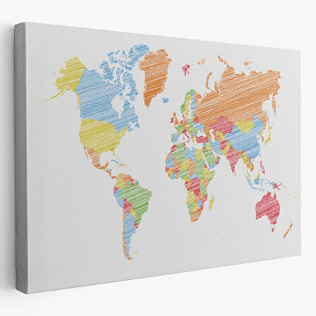 Estetik Renkli Dünya Haritası Dekoratif Kanvas Tablo, Duvar Dekoru 1100