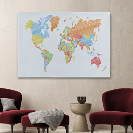 Estetik Renkli Dünya Haritası Dekoratif Kanvas Tablo, Duvar Dekoru 1100