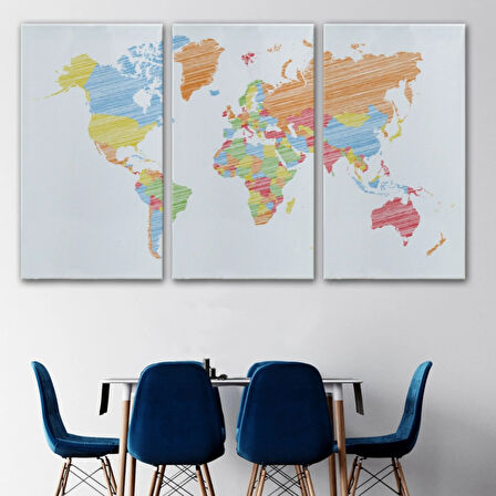 Estetik Renkli Dünya Haritası Dekoratif Kanvas Tablo, Duvar Dekoru 1100