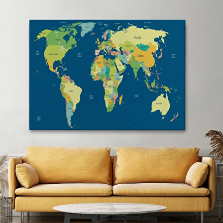 Koyu Mavi Zemin İngilizce Dünya Haritası Dekoratif Kanvas Tablo, Duvar Dekoru 1101