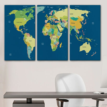 Koyu Mavi Zemin İngilizce Dünya Haritası Dekoratif Kanvas Tablo, Duvar Dekoru 1101