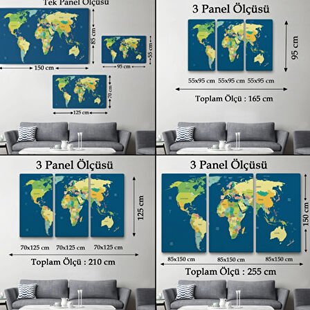 Koyu Mavi Zemin İngilizce Dünya Haritası Dekoratif Kanvas Tablo, Duvar Dekoru 1101
