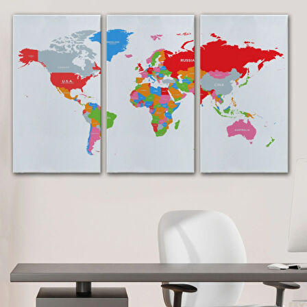 Beyaz Zemin Canlı Renkler İngilizce Dünya Haritası Dekoratif Kanvas Tablo, Duvar Dekoru 1102