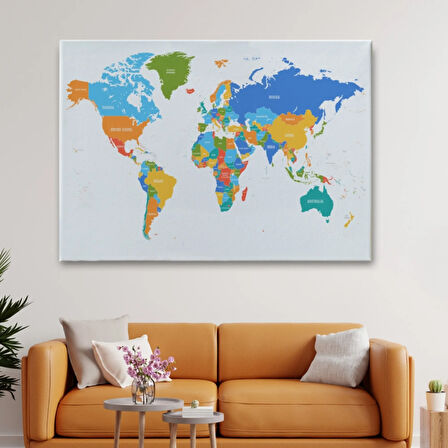 Beyaz Zemin Soft Renkler İngilizce Dünya Haritası Dekoratif Kanvas Tablo, Duvar Dekoru 1103