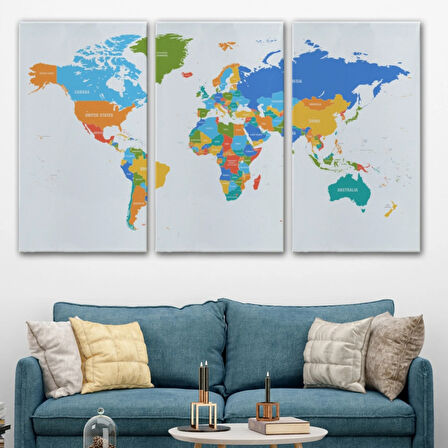 Beyaz Zemin Soft Renkler İngilizce Dünya Haritası Dekoratif Kanvas Tablo, Duvar Dekoru 1103