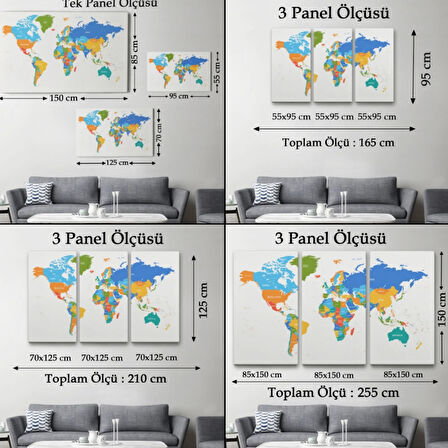 Beyaz Zemin Soft Renkler İngilizce Dünya Haritası Dekoratif Kanvas Tablo, Duvar Dekoru 1103