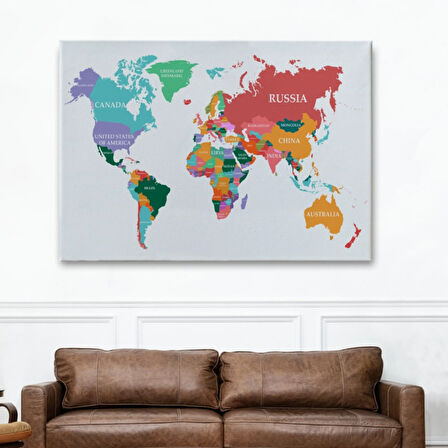 Beyaz Zemin Soft Renkler İngilizce Dünya Haritası Dekoratif Kanvas Tablo, Duvar Dekoru 1104