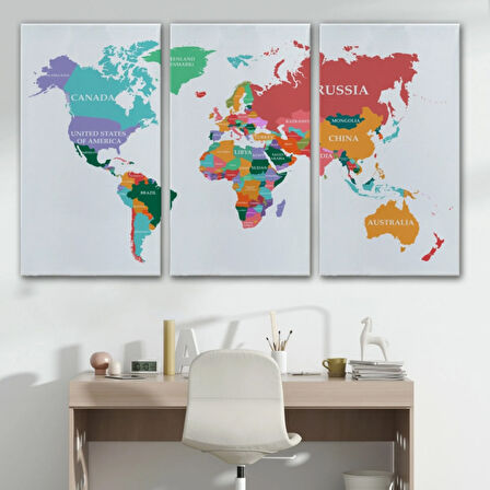 Beyaz Zemin Soft Renkler İngilizce Dünya Haritası Dekoratif Kanvas Tablo, Duvar Dekoru 1104