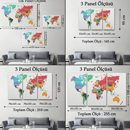 Beyaz Zemin Soft Renkler İngilizce Dünya Haritası Dekoratif Kanvas Tablo, Duvar Dekoru 1104