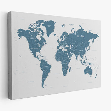 Mavi Ton İngilizce Dünya Haritası Detaylı Dekoratif Kanvas Tablo, Duvar Dekoru 1109