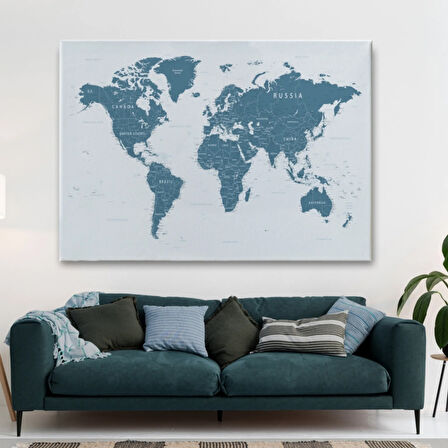 Mavi Ton İngilizce Dünya Haritası Detaylı Dekoratif Kanvas Tablo, Duvar Dekoru 1109