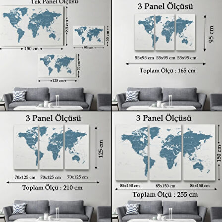 Mavi Ton İngilizce Dünya Haritası Detaylı Dekoratif Kanvas Tablo, Duvar Dekoru 1109
