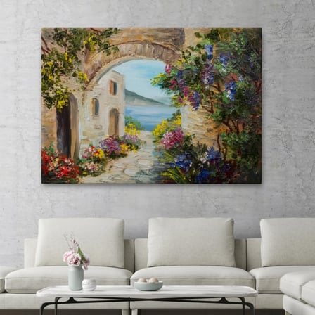 Deniz Manzaralı Ev, Renkli Çiçekler, Modern Dekoratif Kanvas Tablo, Duvar Dekoru 1111