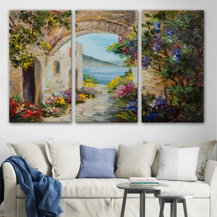 Deniz Manzaralı Ev, Renkli Çiçekler, Modern Dekoratif Kanvas Tablo, Duvar Dekoru 1111