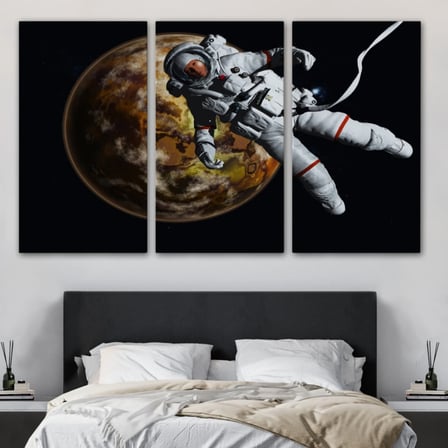 Gezegenin Arka Planındaki Astronot, Sanatsal Dekoratif Kanvas Tablo, Duvar Dekoru 1182