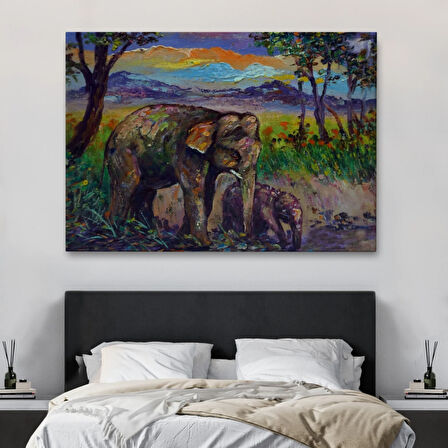 Yavru Fil ve Anne Fil, Modern Dekoratif Kanvas Tablo, Duvar Dekoru 1242