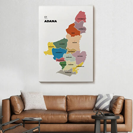 İl ve İlçeler Haritası Adana, Modern Dekoratif Kanvas Tablo, Duvar Dekoru 1246