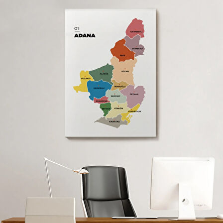 İl ve İlçeler Haritası Adana, Modern Dekoratif Kanvas Tablo, Duvar Dekoru 1246