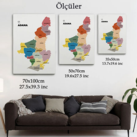 İl ve İlçeler Haritası Adana, Modern Dekoratif Kanvas Tablo, Duvar Dekoru 1246